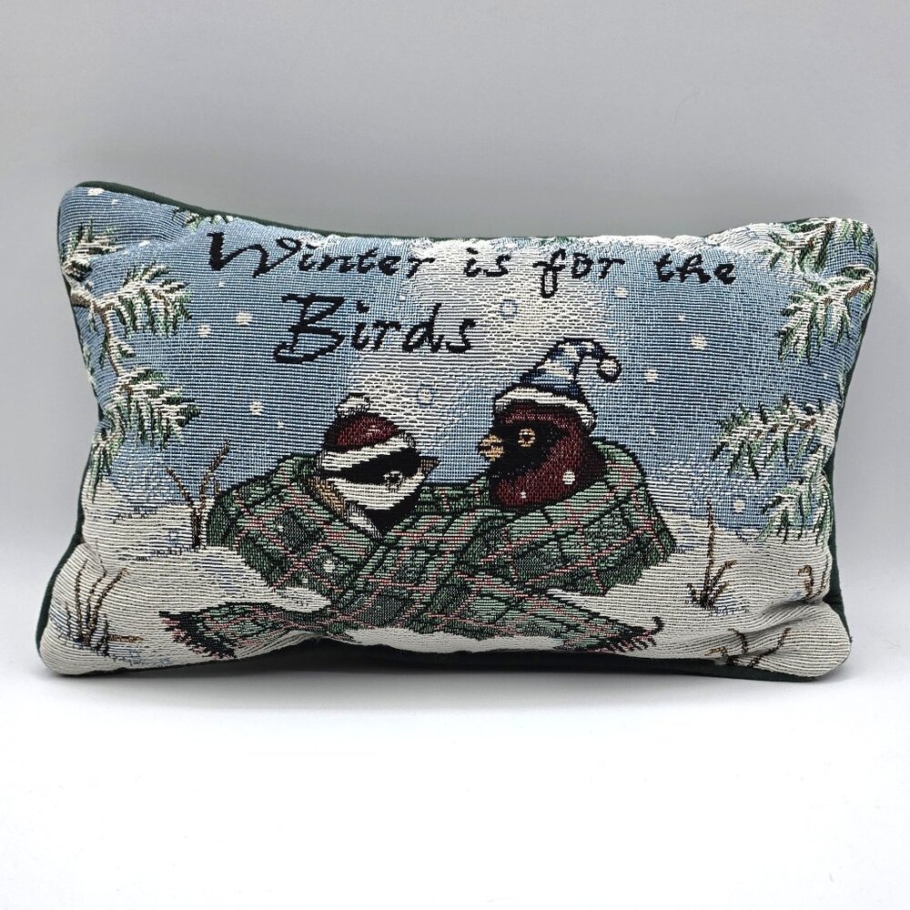 Decorative Cute Tapestry Pillow “Winter Is For The Birds” Cardinal and Snow Bird